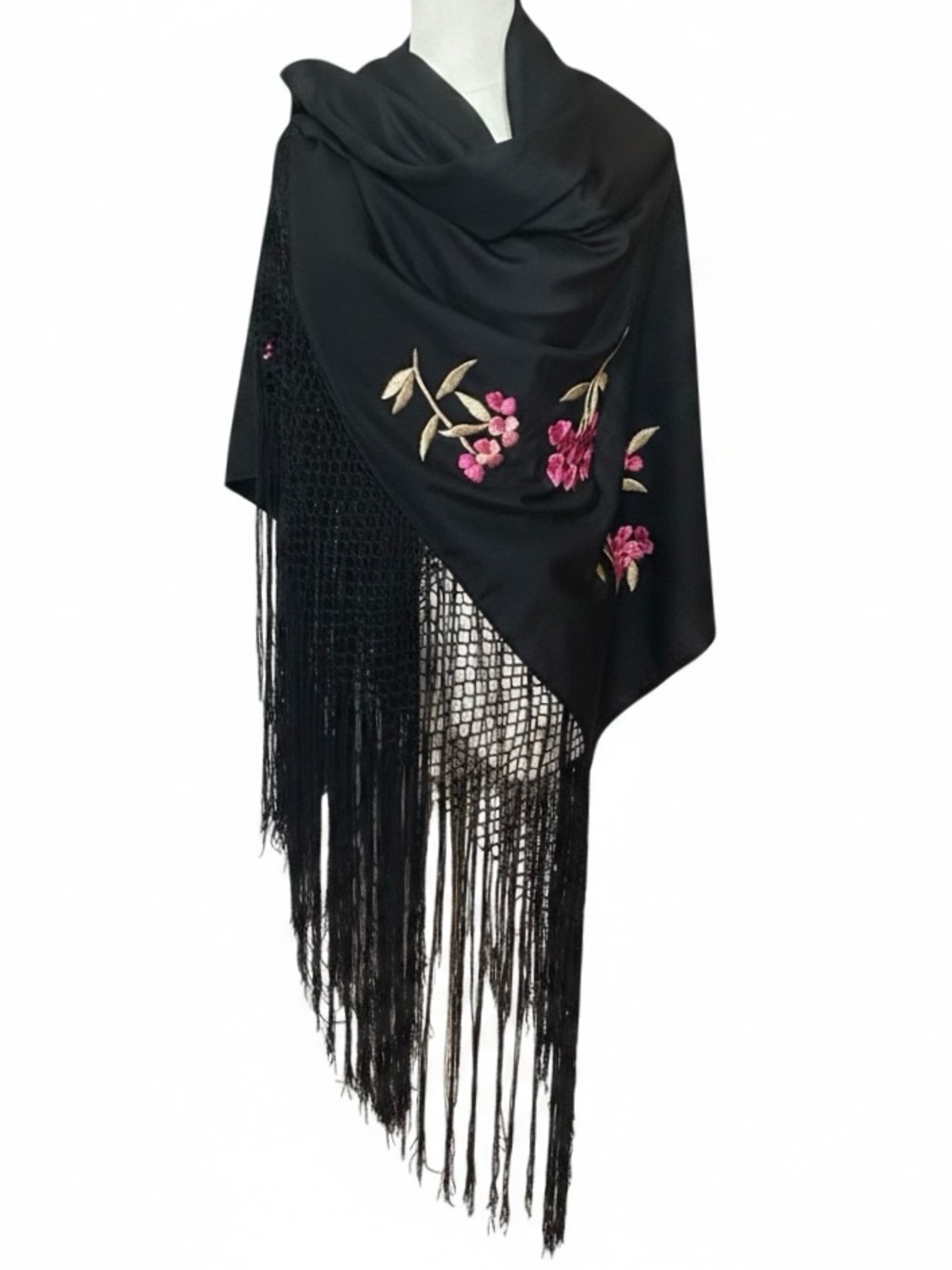 Vintage 1920-30s Black Silk Embroidered Piano Shawl with 21” Fringe - Picture 3 of 12